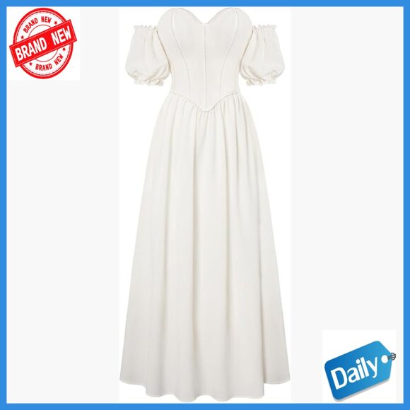White Off Shoulder Corset Dress Puff Sleeve Formal Maxi Renaissance